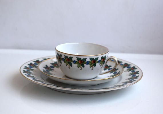 Vintage Hutschenreuther Porcelain Bone China Tea Trio Cup Saucer Cake Plate Coffee Green MCM Mid Century Modern Pottery Germany European