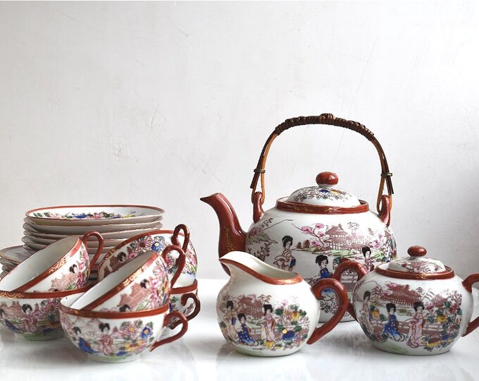 Antique Set of 21 Nippon Porcelain Tea Set Pot Cups Teapot Art Hand