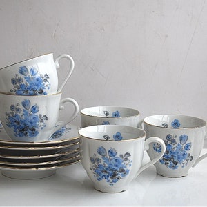 Vintage Set of 5 Haas & Czjek Schlaggenwald Czechoslovakia White Porcelain Blue Flower Tea Coffee Cups Set MCM Pottery European Kitchenware