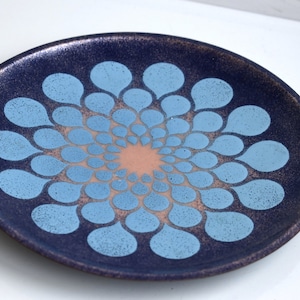 Peut inclure: Une assiette ronde en céramique avec un motif floral bleu et rose. L'assiette a un fond bleu foncé avec un motif de formes en goutte d'eau bleu clair disposées en cercle. Le centre de l'assiette est un cercle rose.