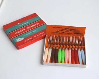 Vintage 12er Set Obstgabel Cocktail Edelstahl Kunststoff Rostfrei Germany Giftcraft Familiengeschenk Farbiger Griff Hors d’oeuvre Gabeln