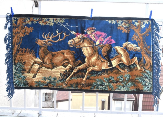 Tapisserie Murale Vintage Chasse Aux Chevaux - 24 X 32 Pouces - Signée Corona Decor - Occasion