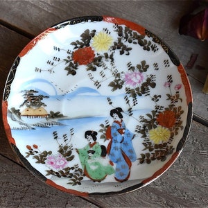 Vintage Japanese Porcelain Plate Hand Painted Geisha Landscape Water Japan Asian Plate Wall Decor Pottery Retro Mid Century 1950 Art Ceramic