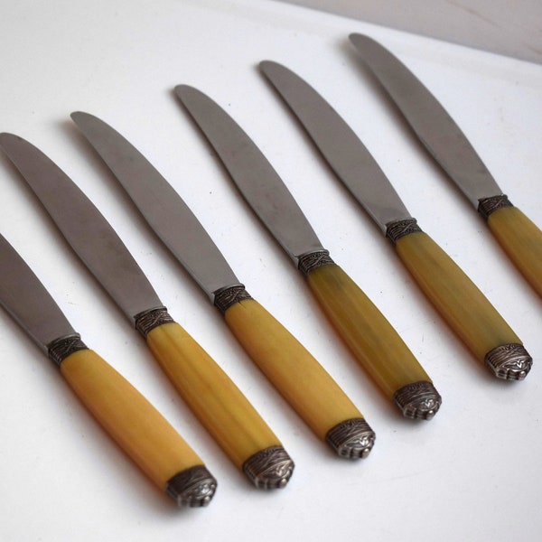 Vintage Set of 6 Acier Inoxydable Dinner Knives Celluloid Relief Ornate Yellow Green Handles Kitchen Cutlery MCM Serving Knife Table