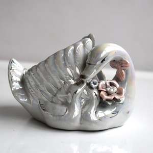 Vintage Luster Ceramic White Swan Jewelry Trinket Dish Tray Plate Box MCM European Mid Century Modern Decor Art Deco Bird Figurine Toy