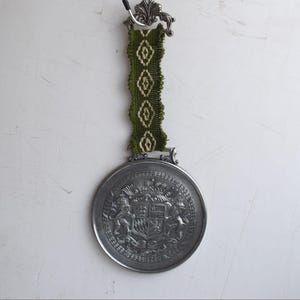 Vintage Bell Pull Pewter BMF Zinn Germany Coat of Arms Wall Hanging Medallion Plaque Picture Tapestry Holder Metal Embossed Engraved MCM Art