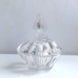 Vintage Cut Glass Clear Crystal Jewelry Trinket Candy Box Lotion Holder Jar Lid Essential Oil Cream Mid Century Art West Germany Pottery