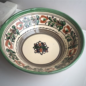 Vintage 12&quot; Wall Plate Bowl Green Floral Hungarian Traditional Folk MCM Art Hand Painted European Pottery Rustic Cottage Core Farmhouse