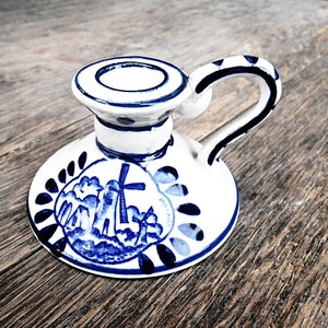 Kandelaber Holland 1970 Porslin Keramik Vintage Mitten av Århundradet Ljusstake Vit Blå Målad Belysning Heminredning Ljusstake Skans