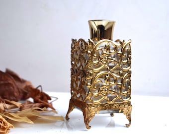 Vintage Perfume Glass Ormolu Filigree Gold Metal Lotion Footed Holder Bottle Jar Lid Essential Oil Cream Fragrance Aroma Mid Century Art