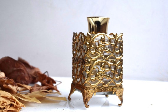Vintage ParfümGlas Ormolu Filigran Gold Metall Lotion Fußhalter Flaschendose Deckel Ätherisches Öl Creme Duft Aroma Mid Century Art