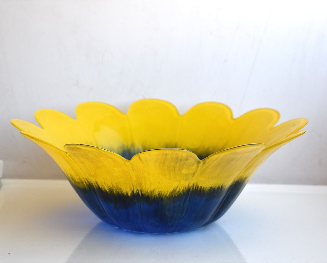 Vintage 13 Large Yellow Blue Studio Art Glass Bowl Flower European MCM
