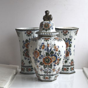 Vintage Set of 3 Delft 17" Polychrome Vase Urn Ginger Jar MCM Netherlands Dutch European Holland Ceramic Floral Pattern Delftware