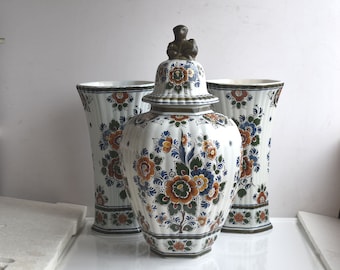 Vintage Set of 3 Delft 17" Polychrome Vase Urn Ginger Jar MCM Netherlands Dutch European Holland Ceramic Floral Pattern Delftware