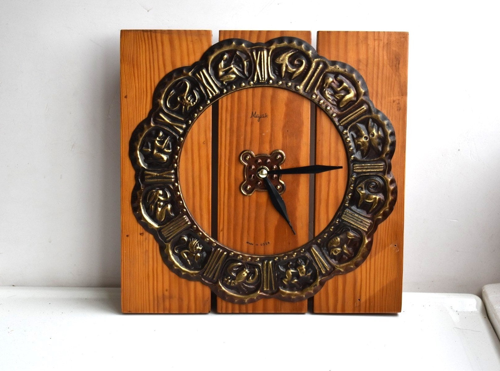 Vintage Wooden Brass Wall Clock MAJAK USSR Embossed Relief Etched