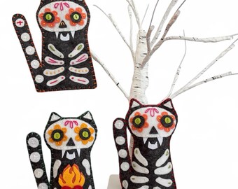 Felt Sugar Skull Cat Ornament Pattern, Dia de los Muertos Decoration (PDF Pattern)