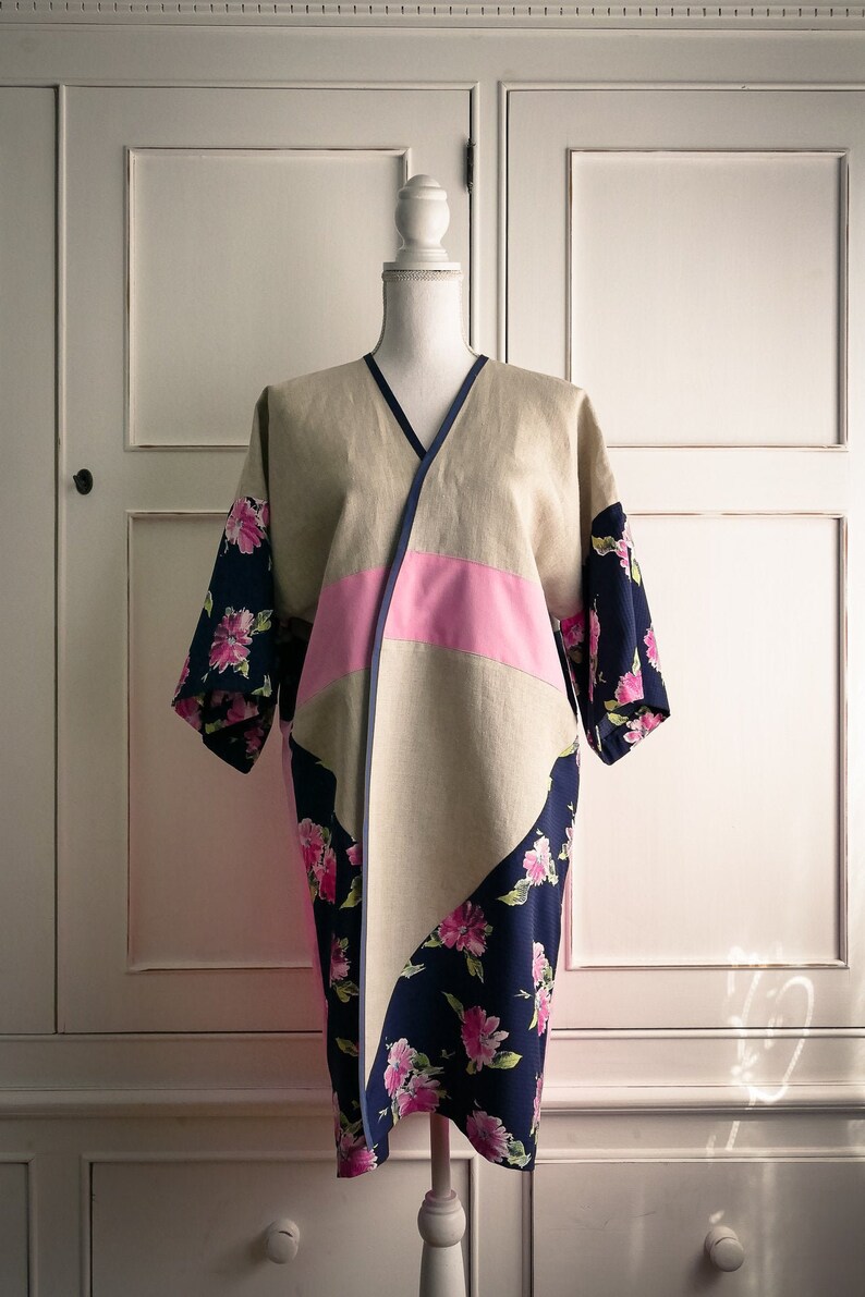 Handmade kimono in hemp and vintage fabrics tg 4244 unique piece