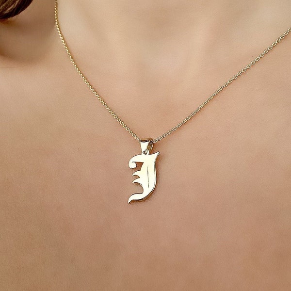 14K Solid Gold Old English Initial Necklace, Solid Gold Gothic Pendant, Gothic Initial Necklace, Old English Letter, 14k Name Necklace