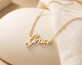 14K Solid Gold Name Necklace, Dainty Personalized Script Nameplate, Custom Gold Name Pendant Minimalist Fine Jewelry