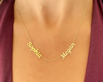Collar con dos nombres en oro macizo de 14 quilates: joyería personalizada hecha a mano