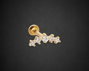 14k Solid Gold Screw Back Piercing Minimal CZ Stud Internally Threaded Labret
