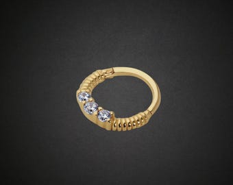 Pierścień do przegrody nosowej ze złota 14K: cyrkonia Daith Clicker, biżuteria Helix