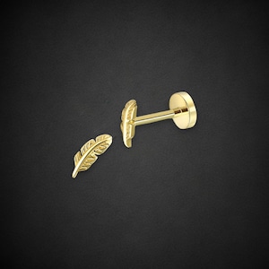 14K Gold Stud Feather Piercing, Tragus Piercing, Lobe Earring, Gold Stud Piercing, Gold Minimal Earring, Gift For Her, Gift For Mom