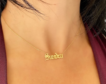 14K Gold alte englische Namen Halskette: Gotischer personalisierter Schmuck
