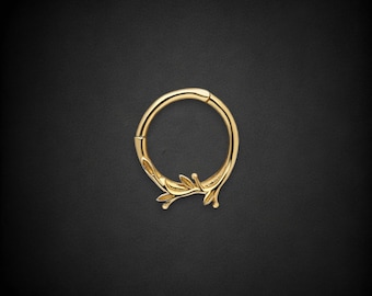 14K Solid Gold Leaf Hoop Earring Hinged Septum Daith Cartilage Ring 8mm