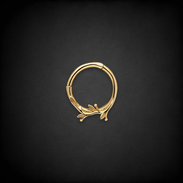 14K Solid Gold Leaf Hoop Earring, Hinged Septum Daith Clicker, Cartilage Helix Piercing Ring 8mm