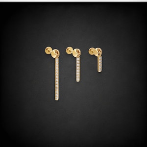 14K Gold Dangle Bar Piercing, Tragus Piercing, Gold Stud Earring, Gold Minimal Earring, Gift For Her, Gift For Mom