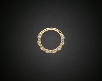 14K Gold Hinge Hoop Septum Ring: CZ Daith Jewelry