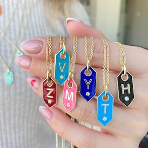 Personalized Initial Necklace: Sterling Silver, Zircon Gem, Enamel Pendant