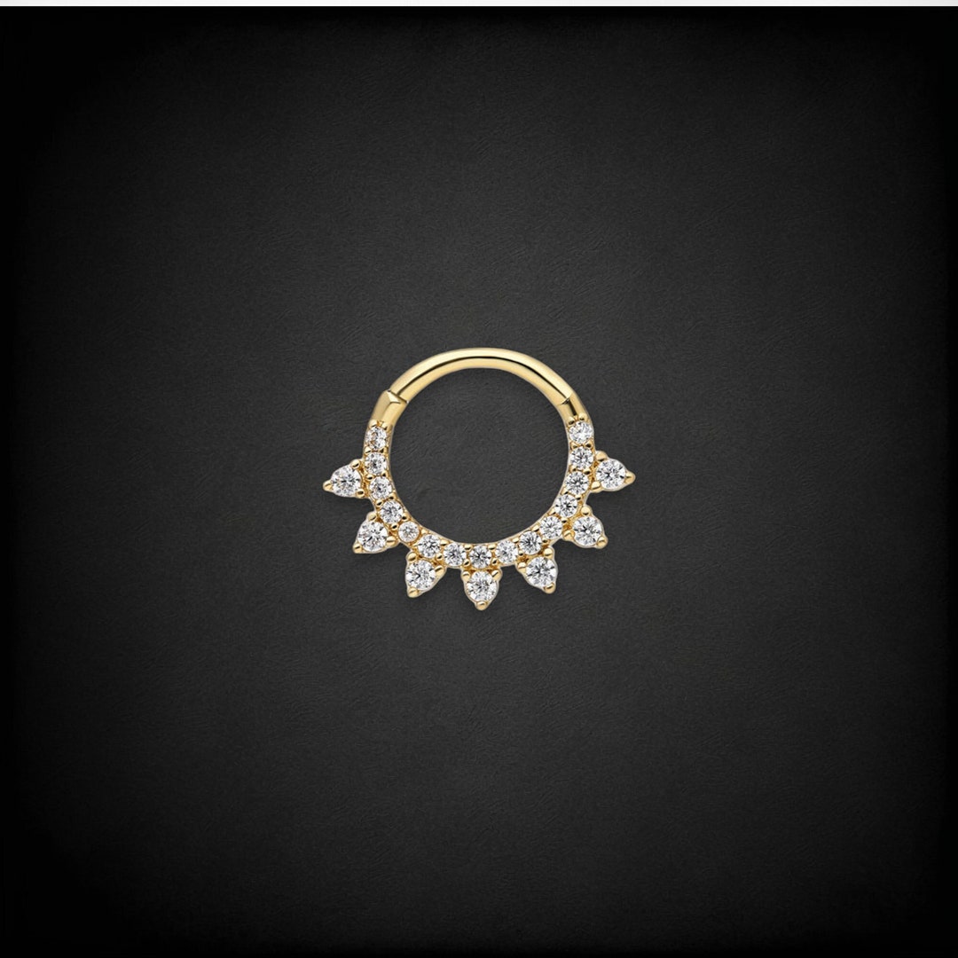 14KT Yellow Gold Hinged White CZ Septum Ring Hoop
