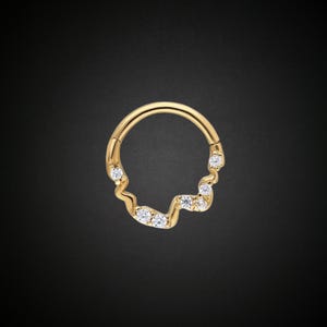 14K Solid Gold CZ Septum Ring: Handmade Daith Clicker, Helix Earring