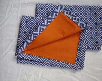 Cloth Napkins - Navy and white with orange backing