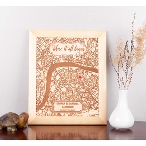 Cadeau du 3e anniversaire Cadeau d'anniversaire en cuir Carte d'art encadrée personnalisée Là où tout a commencé Trois ans Cadeaux de mariage personnalisés