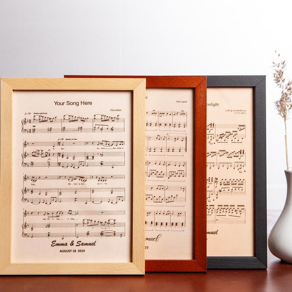 3rd anniversary gift Leather engraved music sheet Personalized framed music notes Custom  gift for wife Third year wedding husband gift