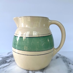 Vintage Roseville Pottery Geen Band Krug 16,5 Zoll Creamware Streifen Bauernhaus Krug 1920er-1930er Jahre