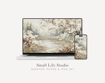 Watercolor Floral Landscape Desktop Wallpaper Set, Spring Phone Wallpaper, Neutral iPhone Wallpaper, iPad Background Vintage Style | WS129