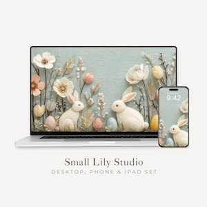 Filz Style Bunnies Wallpaper Set, Ostern Hintergrund mit Hasen, süße Kaninchen iPhone Wallpaper, Blumen iPad Hintergrund | WS187