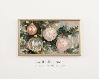 FRAME TV Art Christmas Ornaments, Aesthetic Seasonal Samsung Frame TV Art, Textured Pink Green Painting | TV1454