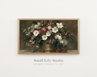 FRAME TV Art Festive Flowers, Samsung Frame TV Art Christmas Botanicals, Moody Vintage Style Painting | TV1466
