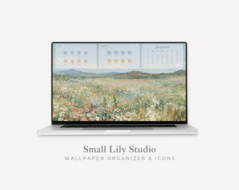 2026-2027 Whimsical Flowers Desktop Wallpaper Organizer, Macbook Wallpaper Calendar & Icons, Aesthetic Laptop Background Mac PC | WO016