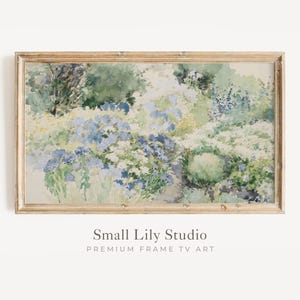 Spring FRAME TV art Blue Wildflowers, Vintage watercolor painting tv picture, Botanical Samsung Frame tv art download green garden | TV226
