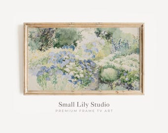 Arte de primavera para televisores FRAME con flores silvestres azules, pintura vintage en acuarela para TV, descarga de arte botánico para televisores Samsung Frame con jardín verde / TV226