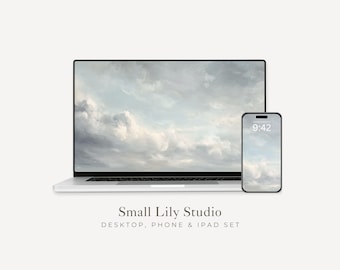 Set bureaubladachtergronden wolken, telefoonbehang bewolkte lucht, ontspannende iPhone-achtergrond, esthetische iPad-achtergrond vintage stijl | WS044