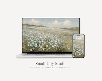 Blue Flower Field Desktop Wallpaper Set, Spring Phone Wallpaper, Floral iPhone Wallpaper, Aesthetic iPad Background Vintage Style | WS226
