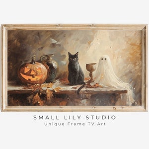 Halloween FRAME TV art Ghost Black Cat and Pumpkin, Fall Halloween Samsung Frame tv art spooky vintage style textured oil painting | TV366