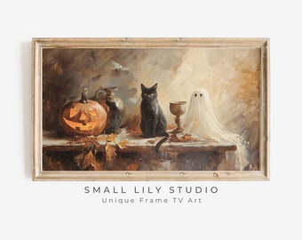 Halloween FRAME TV art Ghost Black Cat and Pumpkin, Fall Halloween Samsung Frame tv art spooky vintage style textured oil painting | TV366
